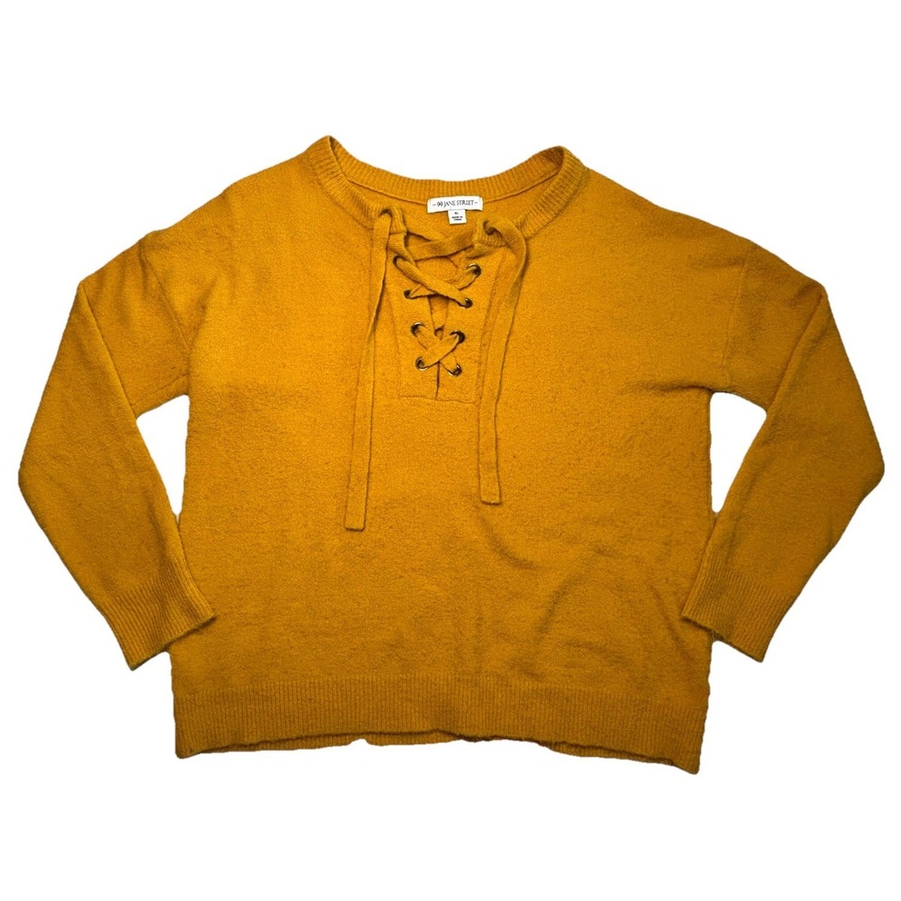 99 Jane Street Mustard Yellow Lace Up Knit Sweater XL Long Sleeve Ribbed Hem